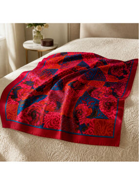 Vintage DOMANI Red & Blue Floral Polyester Silk Scarf Luxe Accessories Italian